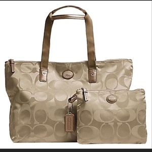 Coach Signature 2 Pc Weekender Tote Bag Beige & Pink